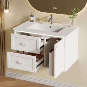 Meuble sous vasque salle de bain LED-Meuble lavabo suspendu en c&eacute;ramique main wc et bassin int&eacute;gr&eacute; -76x46x51 cm -Blanc