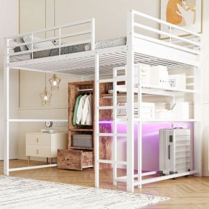 lit Mezzanine 140x200 cm avec &eacute;clairage LED et Bureaum&eacute;tal Lit superpos&eacute;  2 Place avec 1 tiroir et &eacute;tag&egrave;resans Matelas Blanc