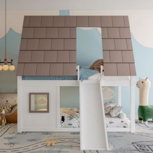 Lit superpos&eacute; cabane bois 140x200 avec toit &eacute;chelle et toboggan blanc et marron Sans Matelas