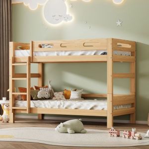 Lit superposé 90x200 cm Lit enfant Lit simple en bois pin avec échelle balustrades et sommiers à lattes - naturel
