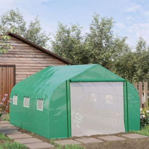Serre Tunnel de Jardin Grande 3.5 x 3 x 2 m - 6 fen&ecirc;tres et Porte zipp&eacute;e Enroulable - Acier galvanis&eacute; PE Haute densit&eacute; Vert