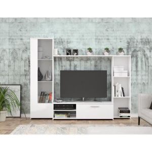 Meuble TV paroi PILVI - Particules mélaminé -Décor blanc mat - porte vitrée + 1 abattant + 5 niches - L220 x P41 x H1775 cm