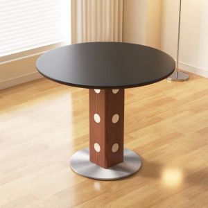 Table &agrave; manger ronde moderne et minimaliste 90 cm plateau en pierre fritt&eacute;e structure bois-m&eacute;tal noir