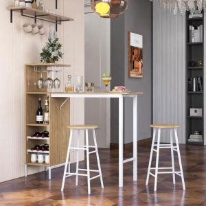GIANTEX Ensemble Table Haute avec 2 Tabourets de BarMange Debout avec 6 Étagères et Porte-Bouteillespour Salle à MangerNaturel