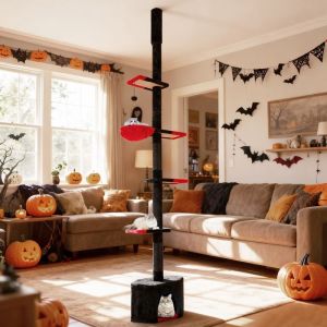 Arbre &agrave; Chat Multi-Niveaux du Sol au Plafond COSTWAY Hauteur R&eacute;glable 245-300 CM Condo Hamac Poteaux &agrave; Griffer en Sisal Balle