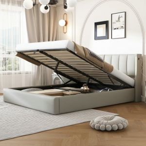 Lit coffre - Lit adulte double 140x190 cm avec LED Lit rembourré avec espace de rangement PU Gris