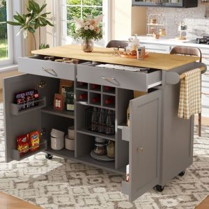 Desserte de cuisine à roulettes 102×45×92cm Chariot Îlot de cuisine  avec plan de travail 2 tiroirs 2 portes 6 casier à vin - gris