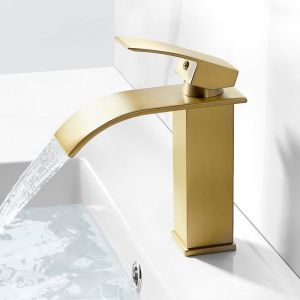Robinet Salle Bain Cascade Doré Brossé Mitigeur Lavabo Salle de Bain en Laiton Robinet Lavabo sans Tirette ni Vidage  Or