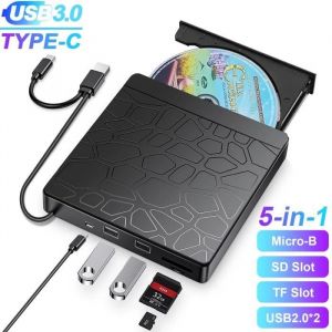 Lecteur CD DVD Externe Graveur de DVD Externes USB 3.0 avec Lecteur de Carte SD TF et Port pour Cl&eacute; USB Graveur CD/DVD-RW