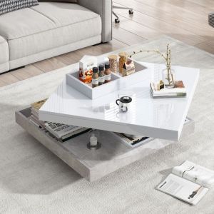Table Basse Fonctionnelle de salon Plateau pivotant à 360° Table basse style moderne avec rangement Panneau de particules Blanc