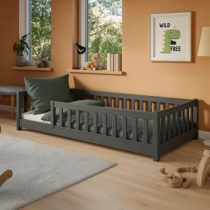 Lit au sol enfant 90x190 cm - Matelas INCLUS - Avec sommier + barri&egrave;re de lit - Lit Montessori enfant - Pin massif - Gris fonc&eacute;