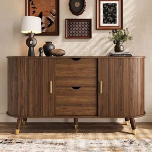 LEYTN Buffet 140*40*795 cm buffet de salon avec porte coulissante deux tiroirs pieds en bois massif couleur noyer