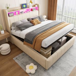 Lit coffre 140×200cm - OKWISH - Lit adulte avec LED et prise USB tête de lit de rangements et sommier - Lin beige (sans matelas)