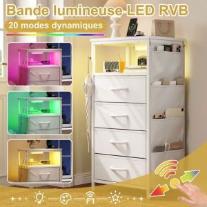 Table de Chevet Connect&eacute;e 4 Tiroirs avec Prise USB & LED RGB - Table dAppoint Multifonction pour Chambre/Salon avec Poches PU