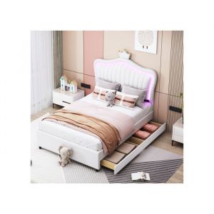 Lit enfant capitonn&eacute; 90 x 200 cm cadre de lit simple pour filles blanc &agrave; motif couronne en cuir PU.