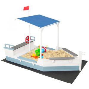 DREAMADE Bac à Sable en Forme de Bateau Pirate pour Enfants avec Auvent Bac à Sable Extérieur en Bois Massif avec