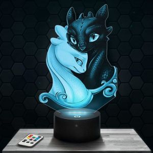Lampe 3D - Krokmou Furie &Eacute;clair - Jouet Figurine Cadeau Dragons - Veilleuse Led Tactile avec socle au choix