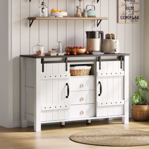 Buffet bas avec 2 porte coulissante et 3 tiroirs Buffet blanc Style rustique Pour salle &agrave; manger cuisine et salon 120x40x80 cm