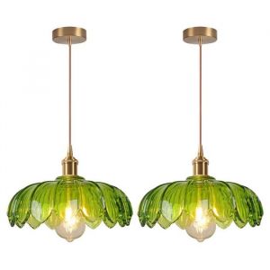 iDEGU 2x Lustre Vintage VertLampe de Plafond Vintage Abat-jour en Verre Design Fleurs E27 Suspension Luminaire Style Nordique25cm