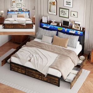 Lit en métal et bois 180x200cm - Lit coffre avec 4 tiroirs - Lit double avec tête de lit et sommier à lattes - Noir - Design rétro