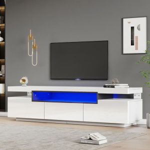 Meuble TV brillant - 160x39x42 cm - Blanc - &Eacute;clairage LED 16 couleurs - Pour t&eacute;l&eacute;viseur 70 pouces - 3 tiroirs
