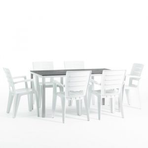 Set de jardin avec table Thomas et 6 chaises Anita en r&eacute;sine structure en fer et plateau en poly&eacute;thyl&egrave;ne (Blanc/Ardoise)