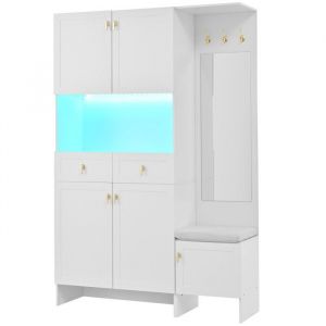 Meuble Dentr&eacute;e Ensemble armoire dentr&eacute;e blanc avec banc meuble chaussures 3 crochets5 portes2 tiroirsmiroir 120x180x33.5cm