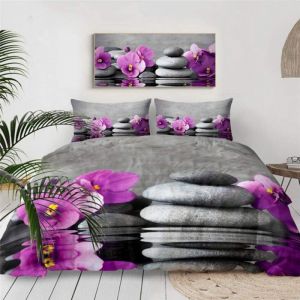 Parure de lit 3 pièces avec housse de couette et housse de couette Motif jardin zen 220 x 240 cm