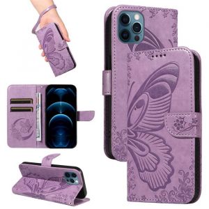 Papillons Housse Pour iPhone 12 /iPhone12Pro Etui Portefeuille Antichoc Housse avec Porte-Cartes Fonction de Support Violet