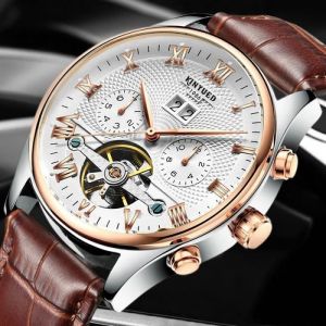 KINYUED Squelette Tourbillon MéCanique Montre Hommes Automatique En Or Rose Montres MéCaniques En Cuir