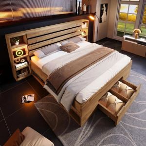 Lemonbest Lit Double en Bois Massif 180×200cm Lit Coffre avec éclairage LED et USB Type C tête et tiroirs de Rangement Chêne