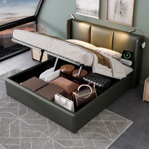 Lit Coffre 160 x 200 cm - Lit Double avec Lampe de Lecture et Charge USB - Bois Massif et PU - Sans Matelas - Gris