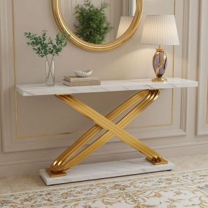 Table Console dentr&eacute;e - 140 x 33 x 80 cm - Table dentr&eacute;e avec Pieds M&eacute;talliques - pour entr&eacute;e et salon - Blanc et Dor&eacute;