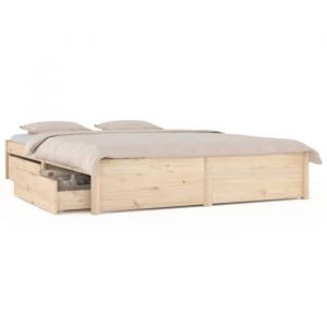 Cadre de lit - OMABETA - 140x190 cm - Bois de pin massif - Avec tiroirs - 2 places