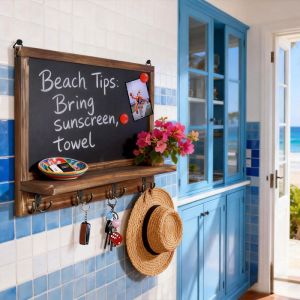 Porte Clef Mural Bois &agrave; 5 Crochets Pat&egrave;re &agrave; 5 crochets avec Tableau Noir Ardoise et &Eacute;tag&egrave;re