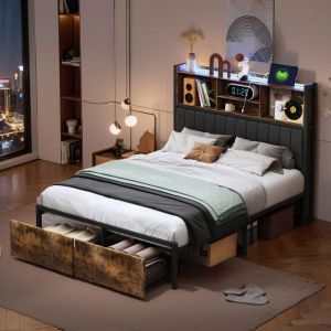 Lit Adulte Style Industriel 160x200cm Lit Double avec Rangement Tiroir Lit Adulte avec LED et USB Style Industriel Noir