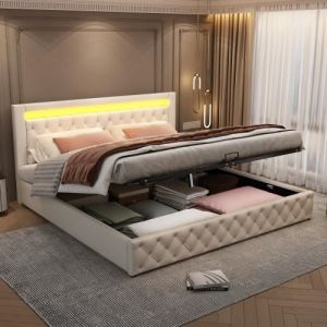 Lit coffre adulte 180 x 200 cm en similicuir avec LED, Coffre de rangement, Sommier à lattes inclus, Sans matelas, Scandinave, Blanc