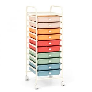 COSTWAY Tour de Rangementà Roulettes - 10 Tiroirs 325 x 37 x 86 CM Format A4 et Lettre Couleur Morandi Coloré et Blanc