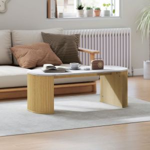 Table basse ovale table dappoint aspect effet marbre coins arrondis pieds &eacute;pais 110 x 50 x 40 cm blanc