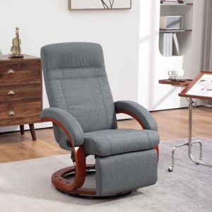 Fauteuil TV inclinable pivotant gris tissu - dossier réglable & accoudoirs bois - Confort salon relax