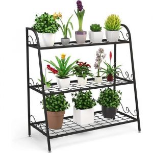 RELAX4LIFE Étagère à Fleurs - Porte-Plante à 3 niveaux en Fer Forgé Décoratif pour Maison-Jardin-Terrasse-Balcon - 81x35x82cm Noir