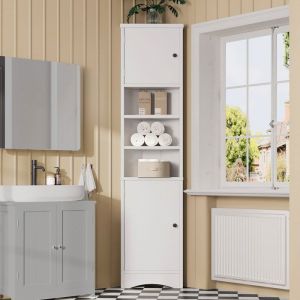 Armoire de Salle de Bain Blanche Colonne de Rangement d&rsquo;angle avec Portes et &Eacute;tag&egrave;res R&eacute;glables Meuble haut pour Salle de Bain