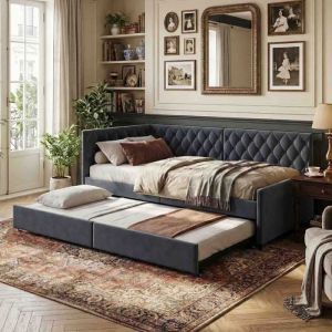 Canap&eacute;-lit 90 x 200 cm- Canap&eacute; Lit Extensible 2 Places - Velours Gris - Design Capitonn&eacute; - Sommier &agrave; Lattes - Adulte Enfant