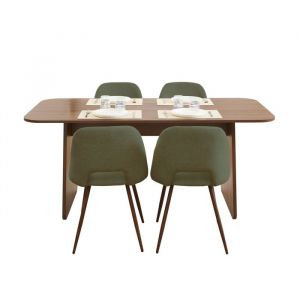 Ensemble repas table à manger LANGO effet noyer et 4 chaises ELISABETH tissu vert pieds effet noyer
