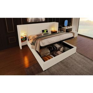 Lit - 160 x 200 cm Lit double rembourr&eacute; - avec table de chevet Cadre de lit avec espace de rangement - matelas inclus