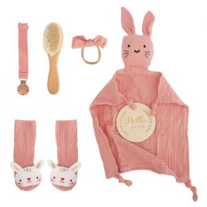 7PCS Coffret Cadeau Naissance B&eacute;b&eacute; avec Serviette de Bave &Eacute;tapes B&eacute;b&eacute; Hochet Tricot&eacute; Main Brosse Bebe T&eacute;tine Mam Chaussettes