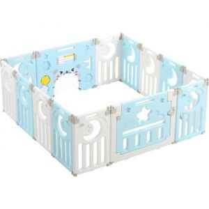 Parc B&eacute;b&eacute; en Plastique DRIPEX - 12 + 2 Panneaux d&rsquo;Activit&eacute; et Porte Barri&egrave;re S&eacute;curit&eacute; - Bleu