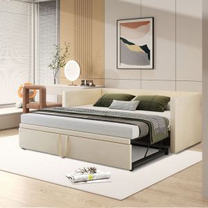 Lit gigogne 90/180x200cm Canapé-lit extensible Lit capitonné avec lit escamotable avec sommier à lattes beige