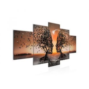 Runa Art - Tableau Couple damoureux 200 x 100 cm 5 Parties XXL Decoration Murale Dessin Orange 044851c