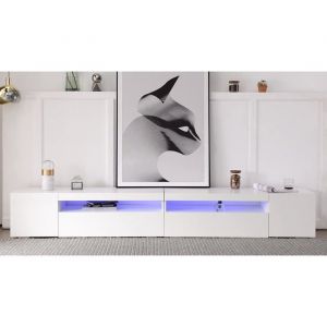 Meuble TV Moderne avec Rangement Pratique LED 240 cm pour Salon Salle &agrave; Manger Chambre Blanc 240x39x35cm